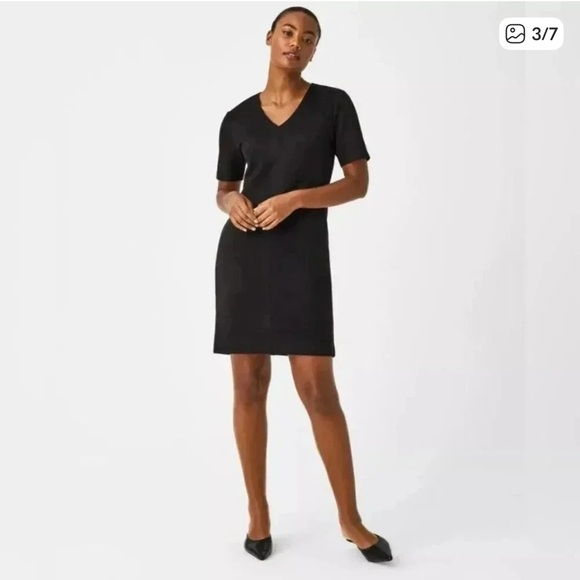 SPANX NWT Faux Suede Column V Neck Short Sleeve Dress Size 2X Black - Picture 4 of 14